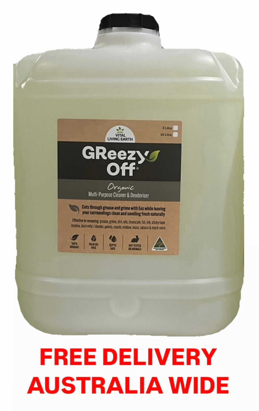 20 Litre GReezy Off®️ 100% Organic Multi-Purpose Cleaner & Deodoriser (Makes 40 Litres Diluted 1:1) FREE DELIVERY AUSTRALIA WIDE