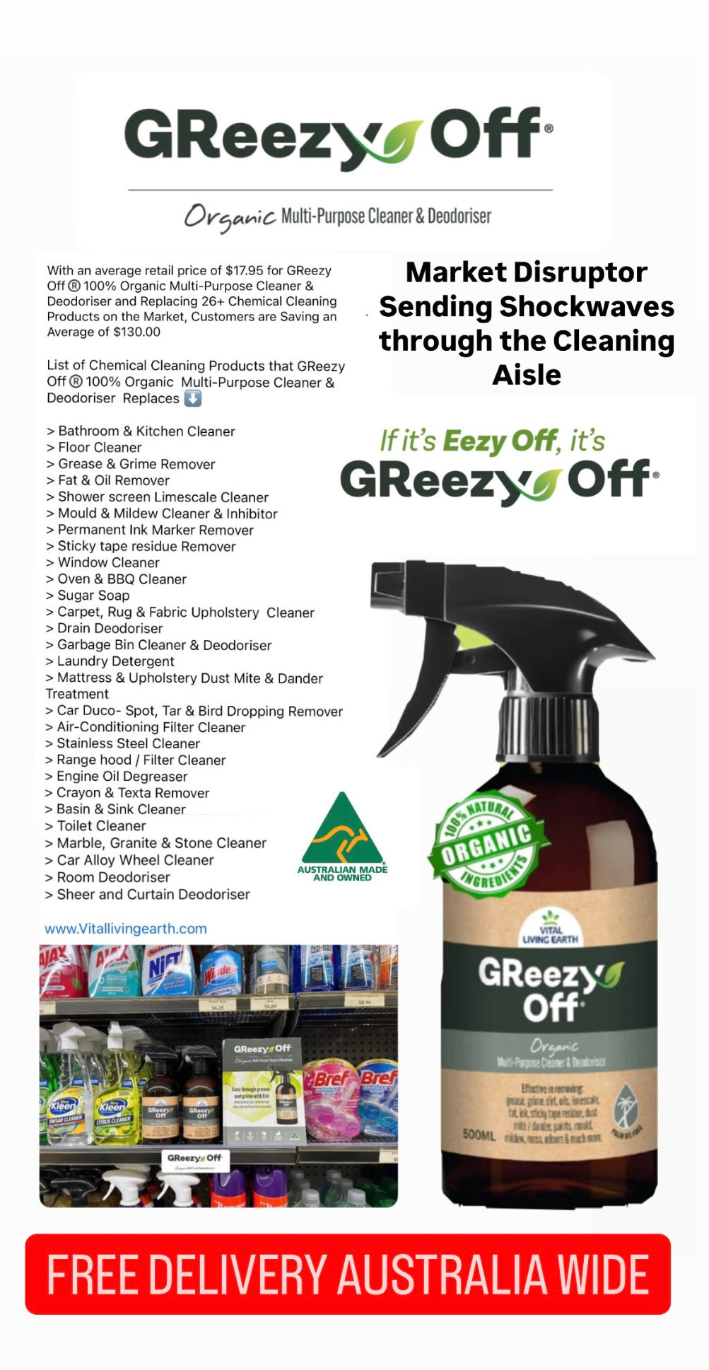 GReezy Off®️ 100% ORGANIC Multi-Purpose Cleaner & Deodoriser 500ml Concentrate and 1 Litre when Diluted 1:1 (1 x Unit)