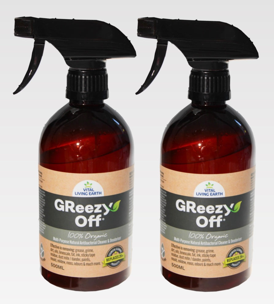 B) 2 x 500ml GReezy Off® 100% Organic 🍃🥬 Replaces 26+ Chemical & Alcohol Laden Cleaning Products on the Market Concentrate 1:1 FREE DELIVERY AUSTRALIA WIDE