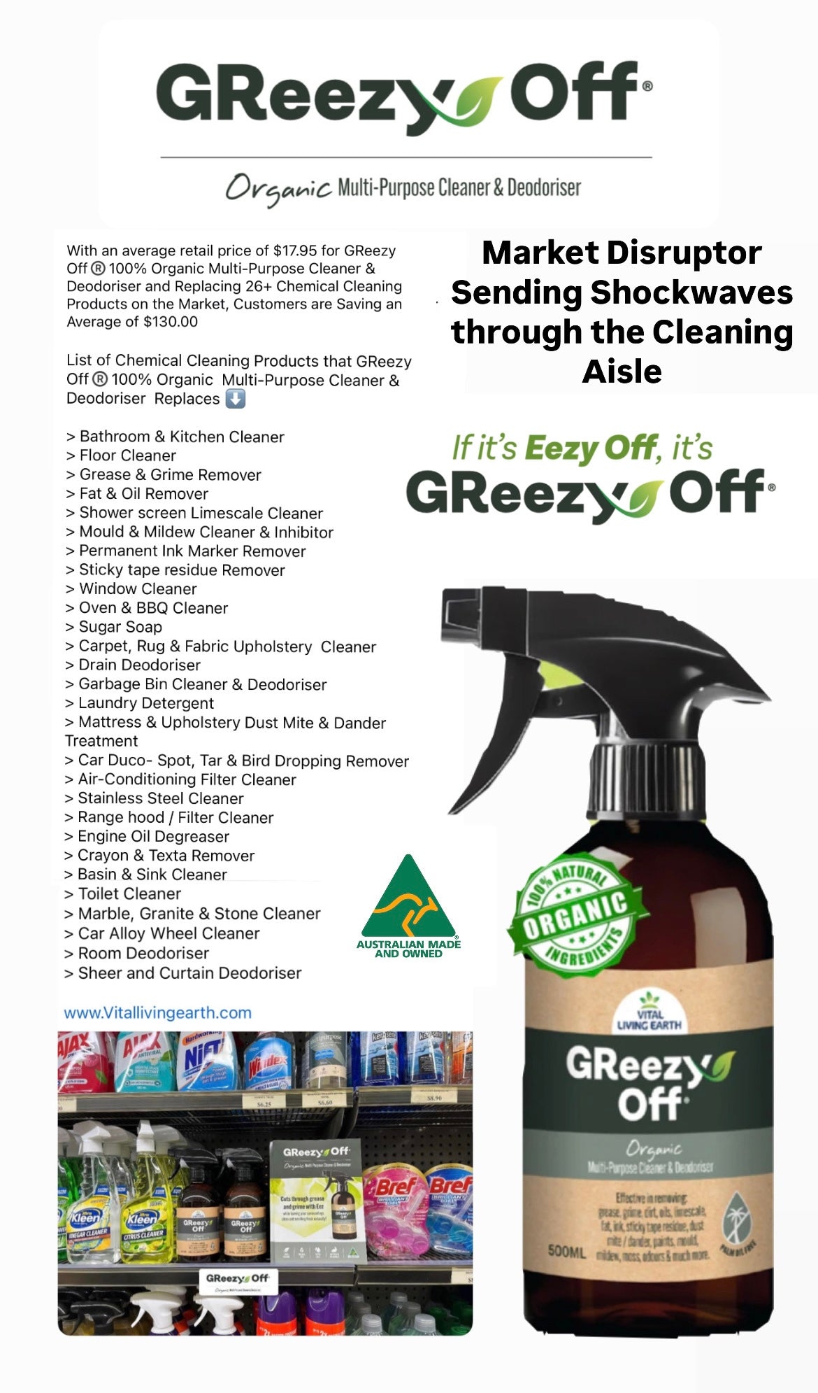 GReezy Off®️ 100% ORGANIC Multi-Purpose Cleaner & Deodoriser 500ml Concentrate and 1 Litre when Diluted 1:1 (1 x Unit)