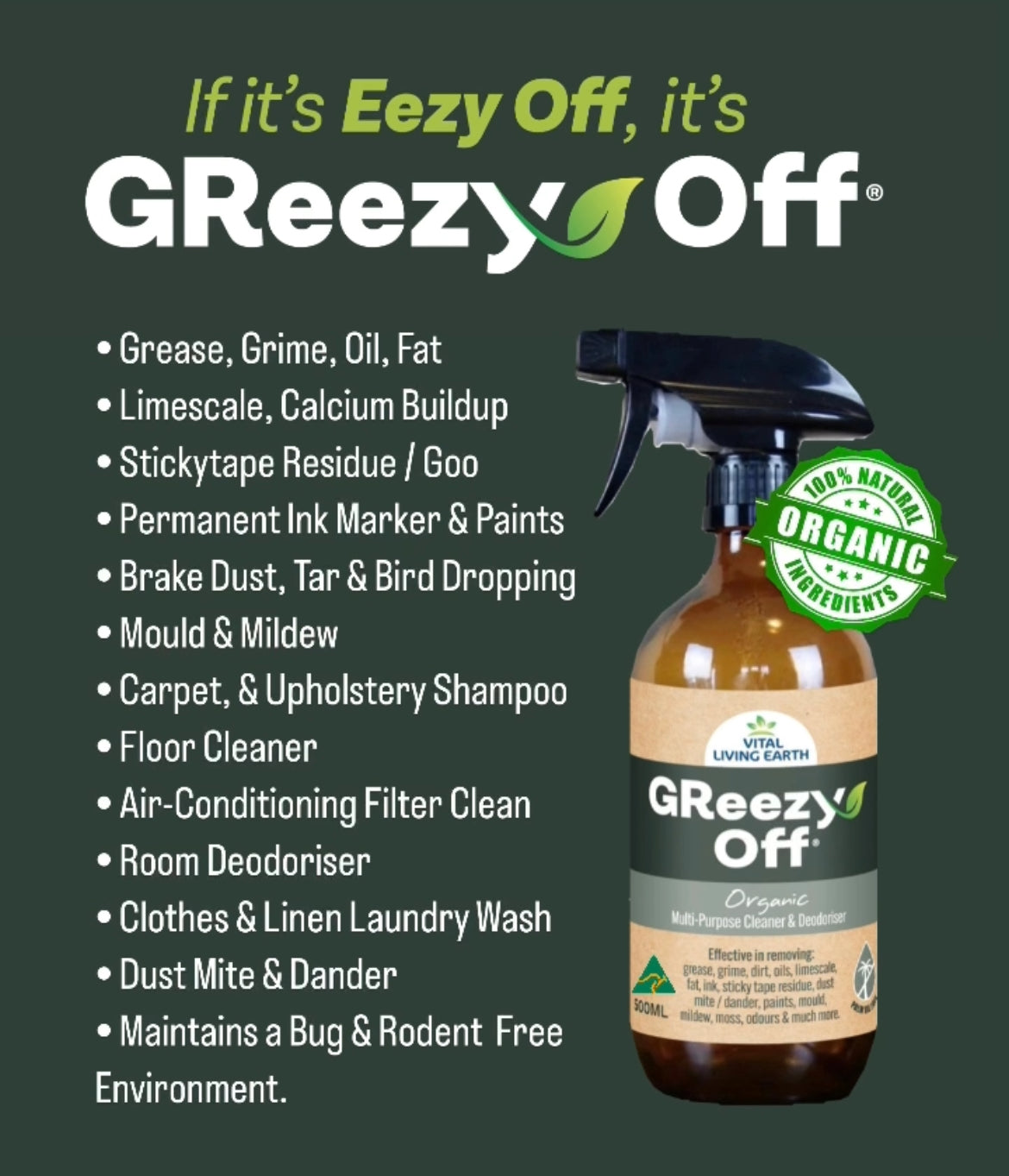GReezy Off®️ 100% ORGANIC Multi-Purpose Cleaner & Deodoriser 500ml (1 x Unit)
