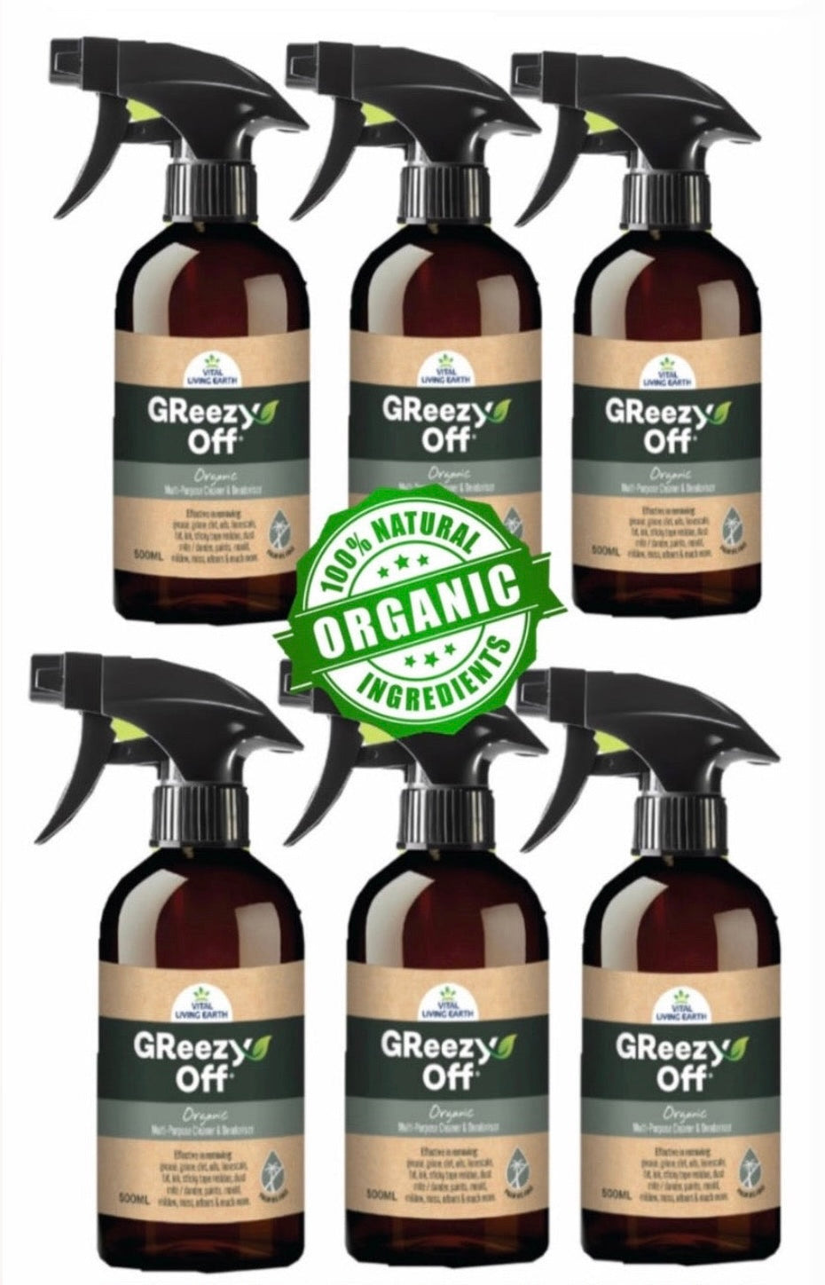 C) FREE DELIVERY AUSTRALIA WIDE (6 Pack) GReezy Off® 100% ORGANIC Multi-Purpose Natural Antibacterial Cleaner & Deodoriser 500ml