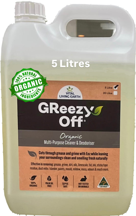 E) 5 Litre GReezy Off® 100% Organic🍃🥬 Replaces 26+ Chemical & Alcohol Laden Cleaning Products on the Market.Concentrate makes 10 Litres 1:1 FREE DELIVERY AUSTRALIA WIDE