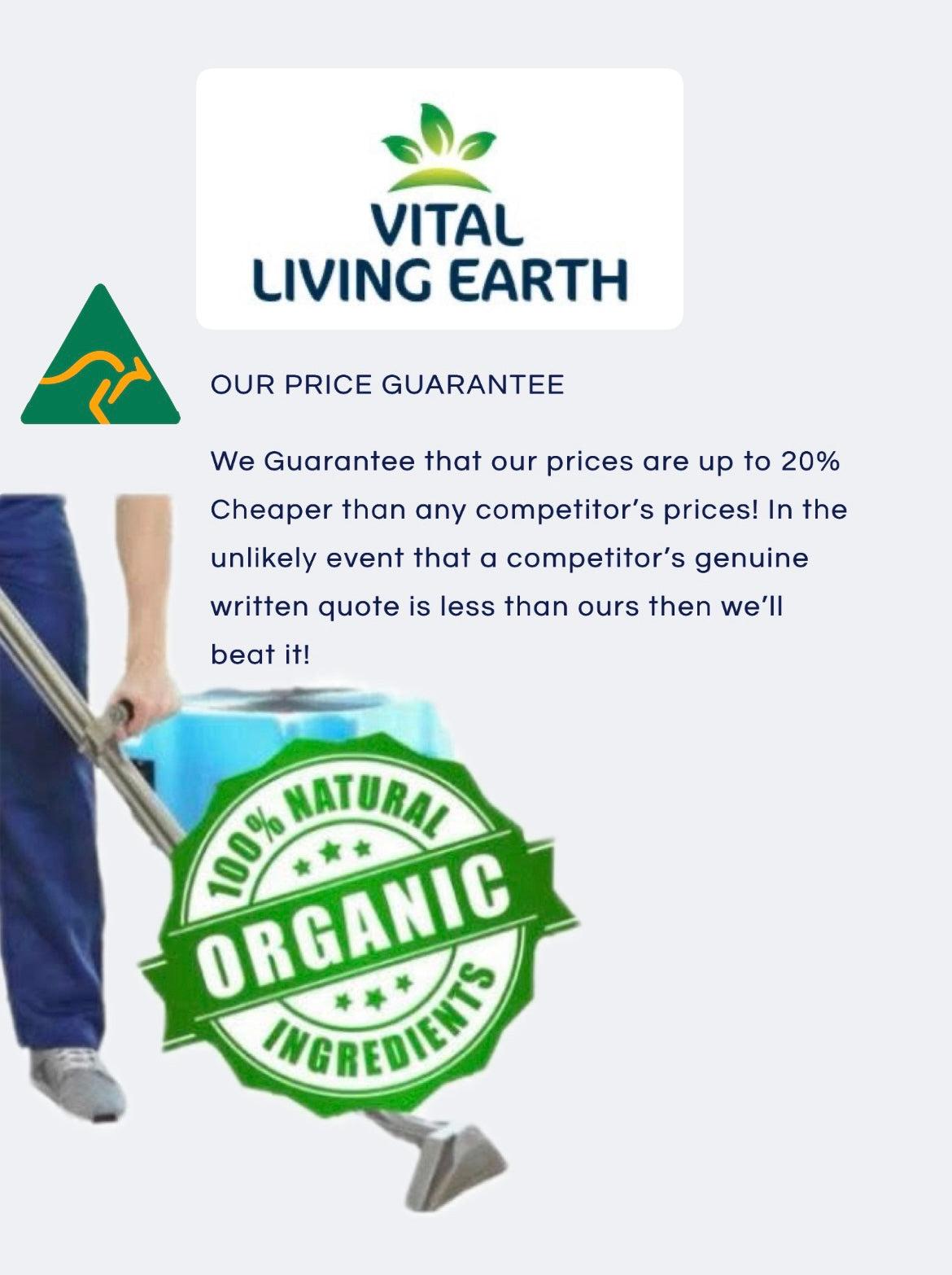 Sunshine Coast’s Exclusive 100% Organic Specialised Cleaning Service Provider. BOOK NOW
Call: 0409 84 84 18 Email: consultvitallivingearth@gmail.com