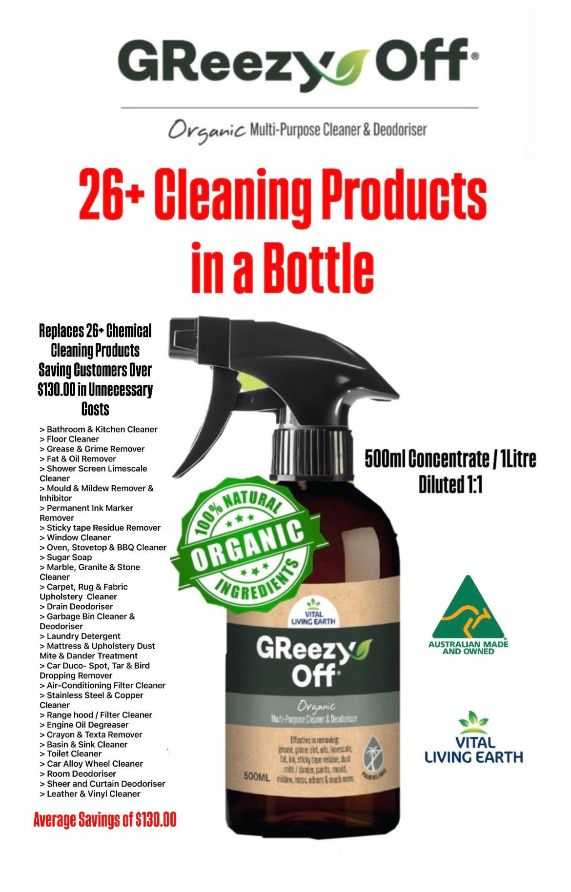 A) (1 x Bottle) GReezy Off® 100% ORGANIC Multi-Purpose Natural Antibacterial Cleaner & Deodoriser 500ml Concentrate / 1 Litre when Diluted 1:1