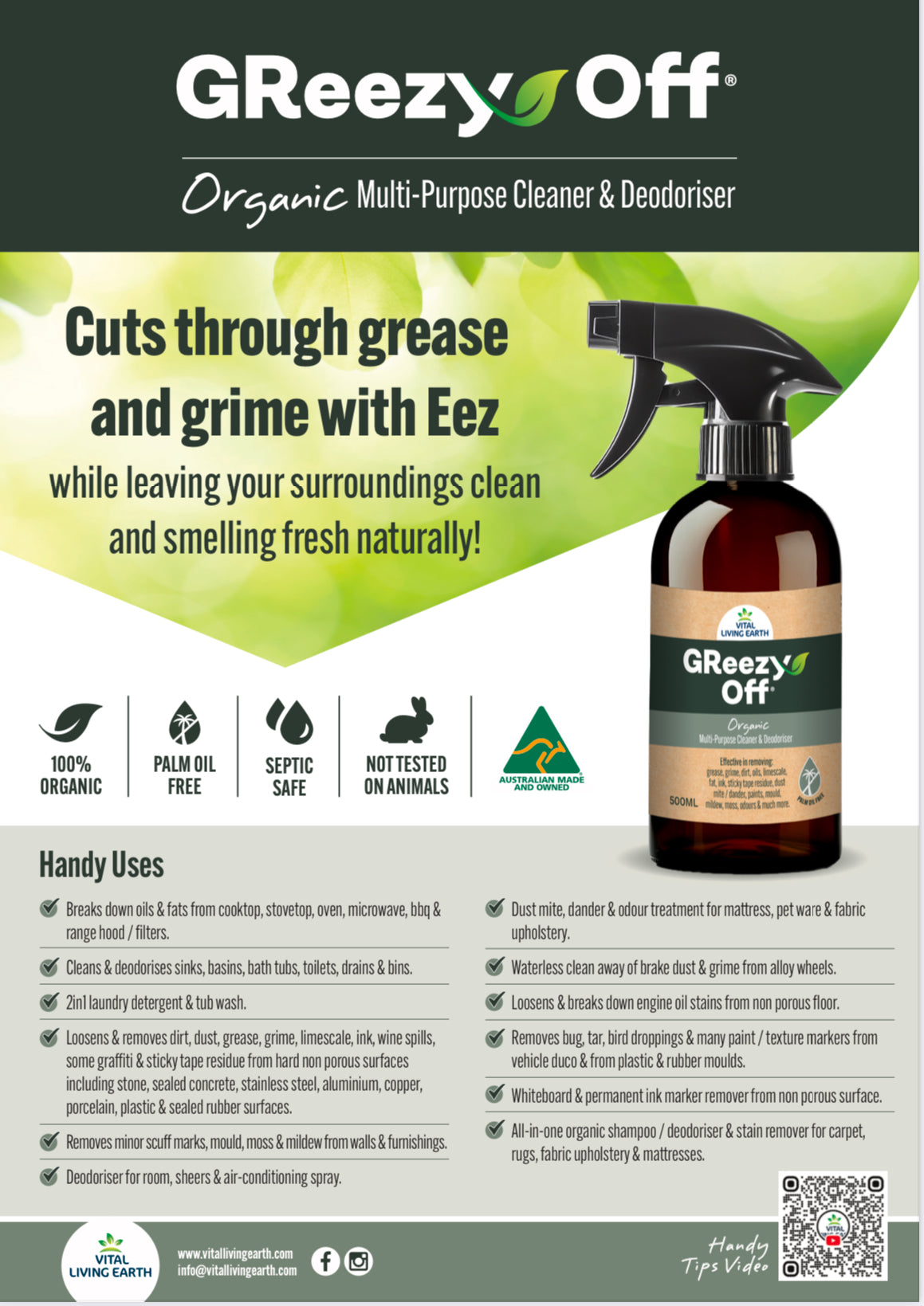 A) (1 x Bottle) GReezy Off® 100% ORGANIC Multi-Purpose Natural Antibacterial Cleaner & Deodoriser 500ml Concentrate / 1 Litre when Diluted 1:1