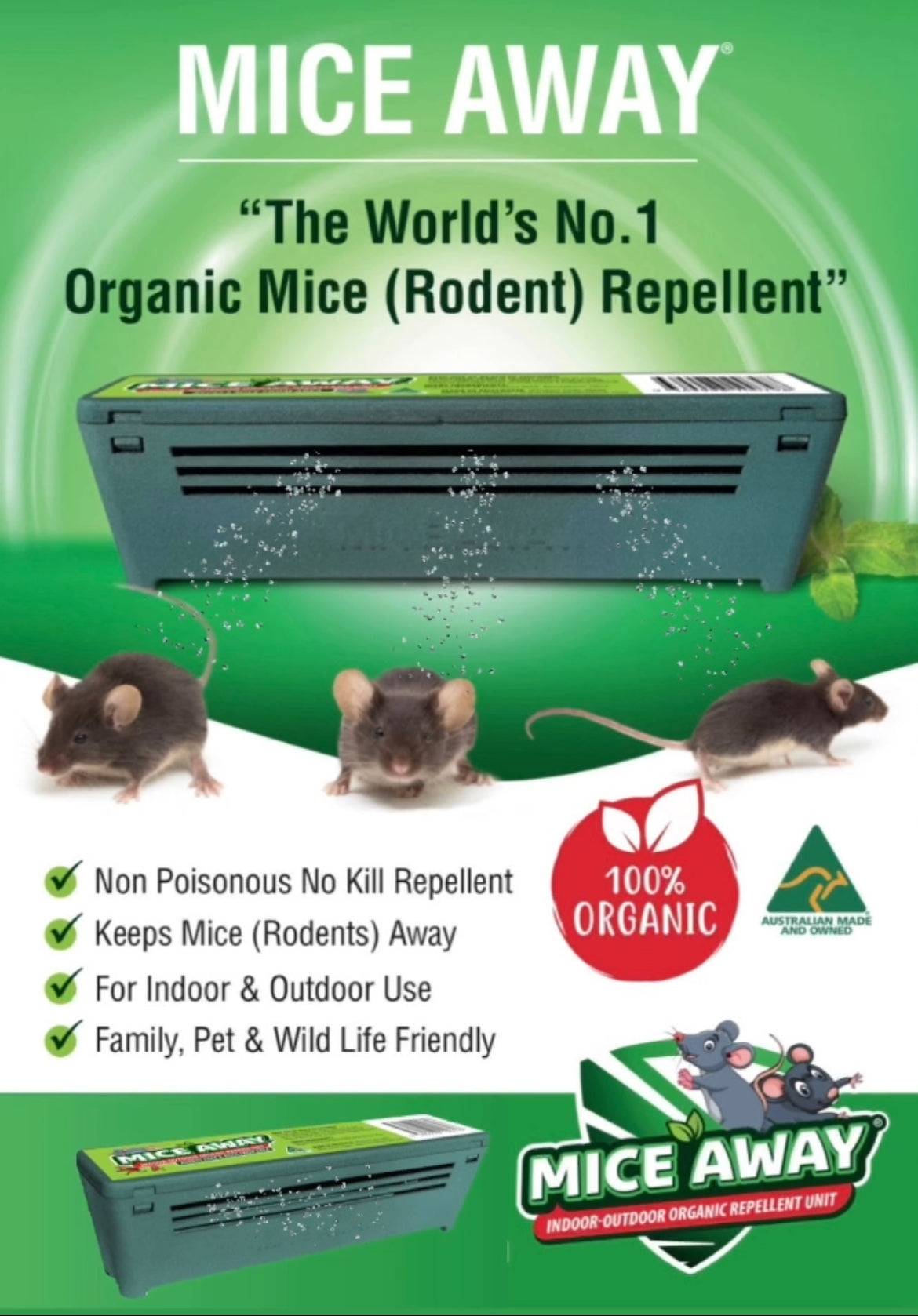 Mice Away®️ 100% ORGANIC Indoor-Outdoor Non Poisonous No Kill Mice & Rat Repellent (1x Unit)