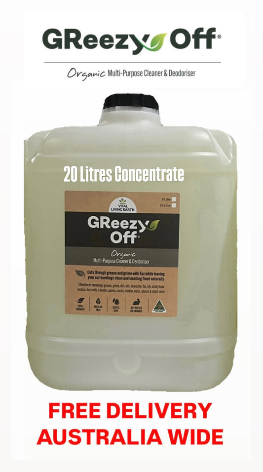 G) 20 Litre GReezy Off® 100% Organic 🍃🥬 Replaces 26+ Chemical & Alcohol Laden Cleaning Products on the Market (Makes 40 Litres Diluted 1:1) FREE DELIVERY AUSTRALIA WIDE
