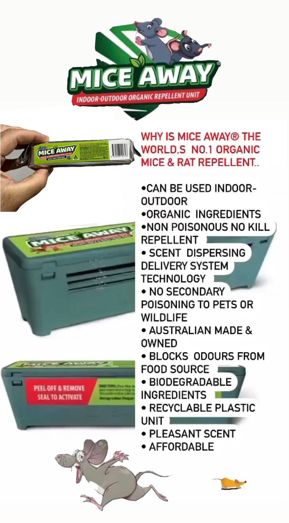 Mice Away®️ 100% ORGANIC Indoor-Outdoor Non Poisonous No Kill Mice & Rat Repellent (1x Unit)
