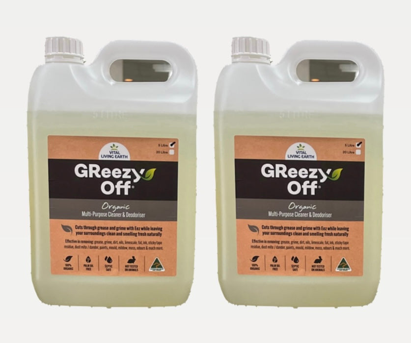 E) PROMO 2 x 5 Litre GReezy Off® 100% Organic Replaces 26+ Chemical & Alcohol Laden Cleaning Products on the Market. Concentrate. Makes 20 Litres 1:1 FREE DELIVERY AUSTRALIA WIDE