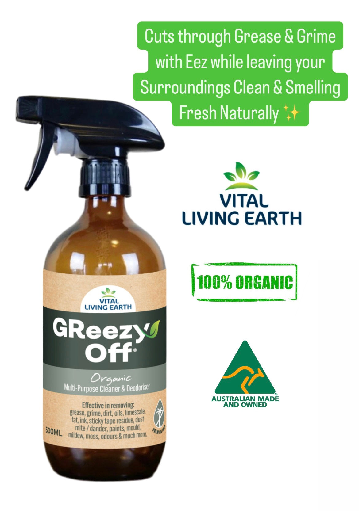 GReezy Off®️ 100% ORGANIC Multi-Purpose Cleaner & Deodoriser 500ml (1 x Unit)