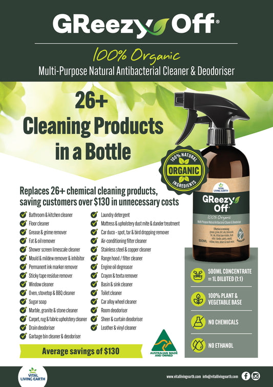 A) GReezy Off® 100% Organic🍃🥬 Replaces 26+ Chemical & Alcohol Laden Cleaning Products on the Market. 500ml Concentrate / 1 Litre when Diluted 1:1