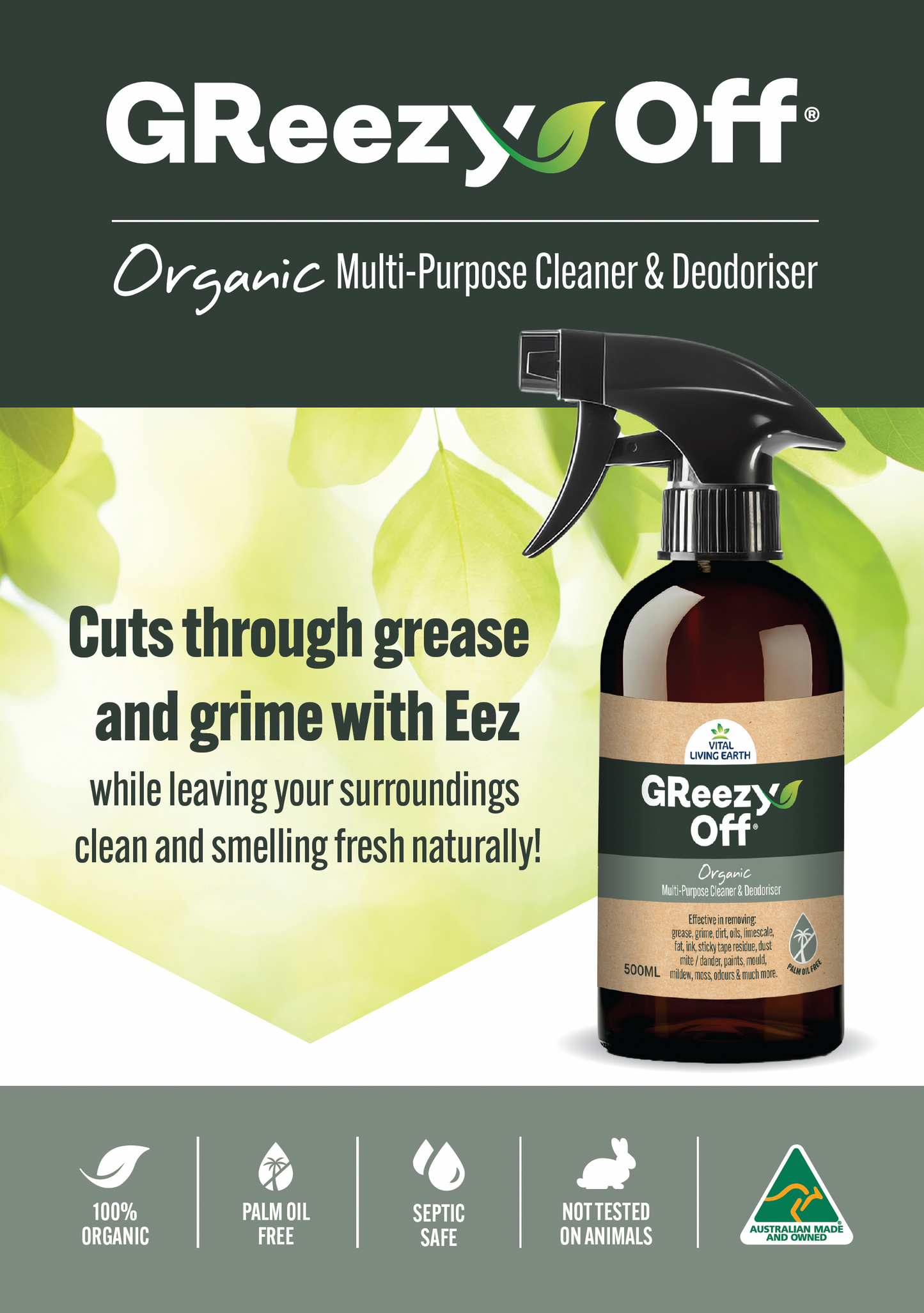 GReezy Off®️ 100% ORGANIC Multi-Purpose Cleaner & Deodoriser 500ml (1 x Unit)