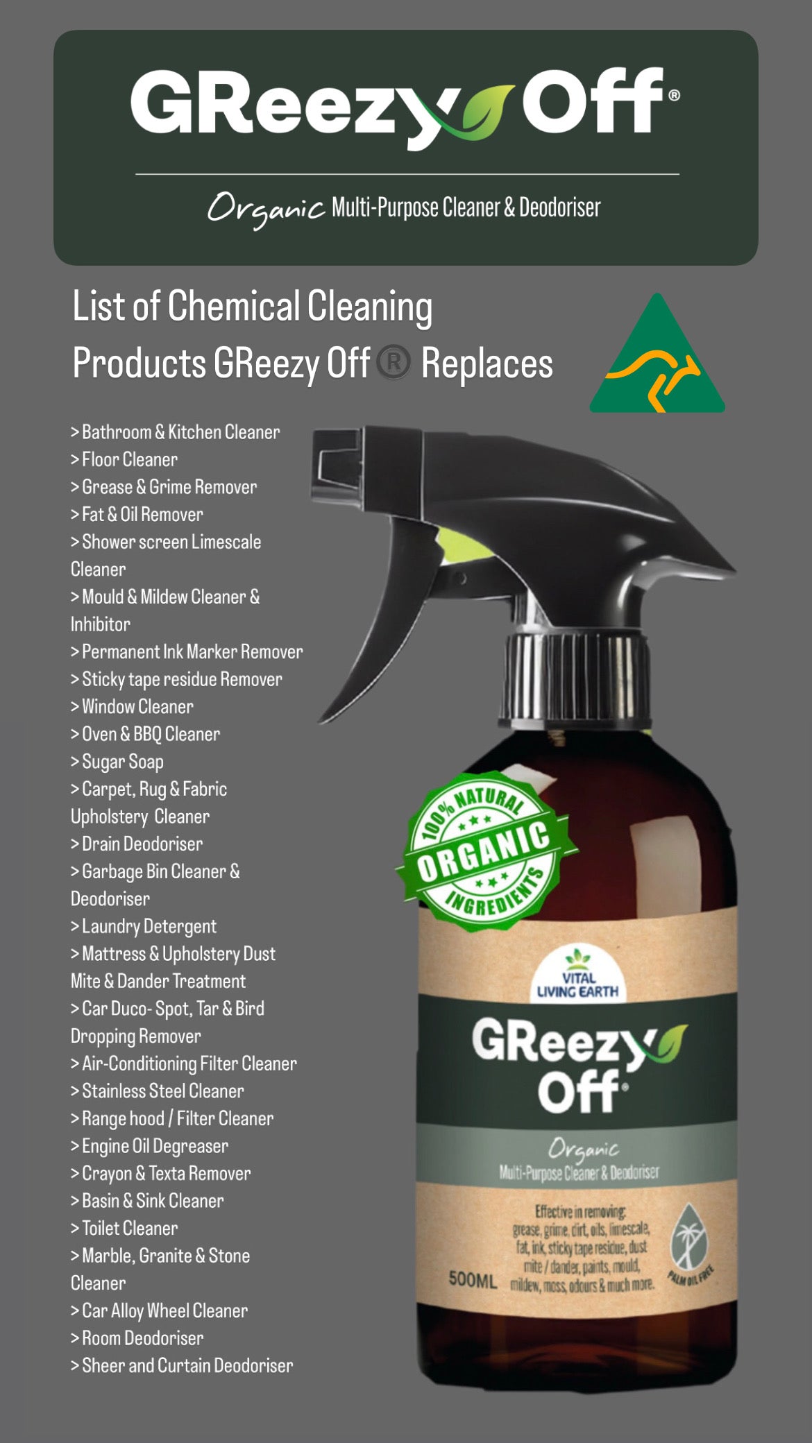 GReezy Off®️ 100% ORGANIC Multi-Purpose Cleaner & Deodoriser 500ml (1 x Unit)