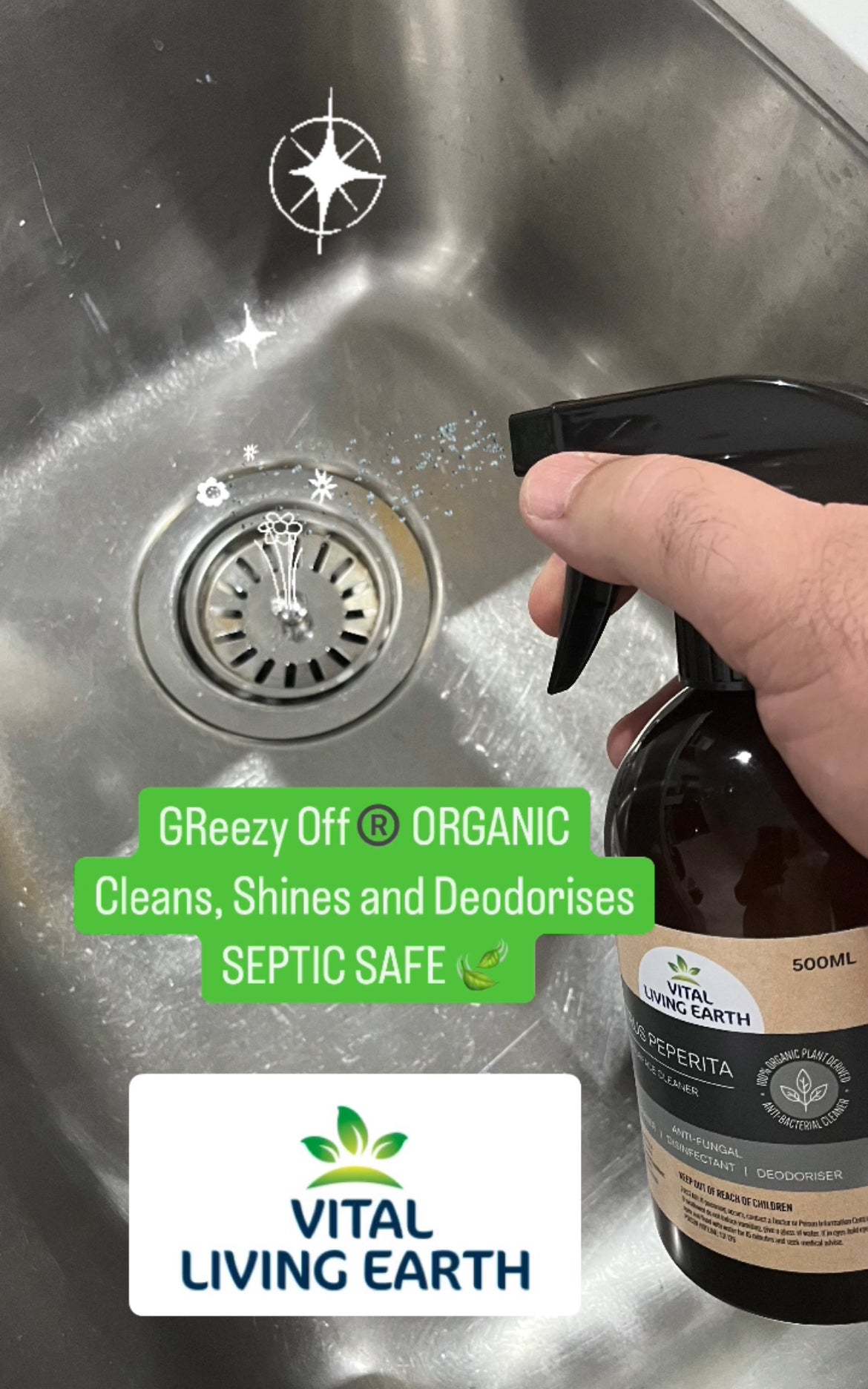 A) (1 x Bottle) GReezy Off® 100% ORGANIC Multi-Purpose Natural Antibacterial Cleaner & Deodoriser 500ml Concentrate / 1 Litre when Diluted 1:1