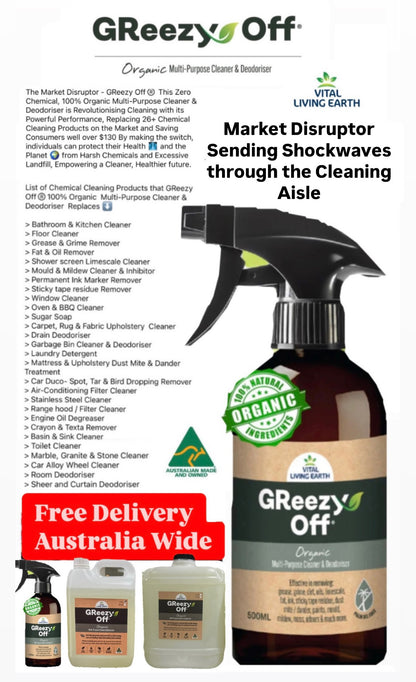 A) (1 x Bottle) GReezy Off® 100% ORGANIC Multi-Purpose Natural Antibacterial Cleaner & Deodoriser 500ml Concentrate / 1 Litre when Diluted 1:1