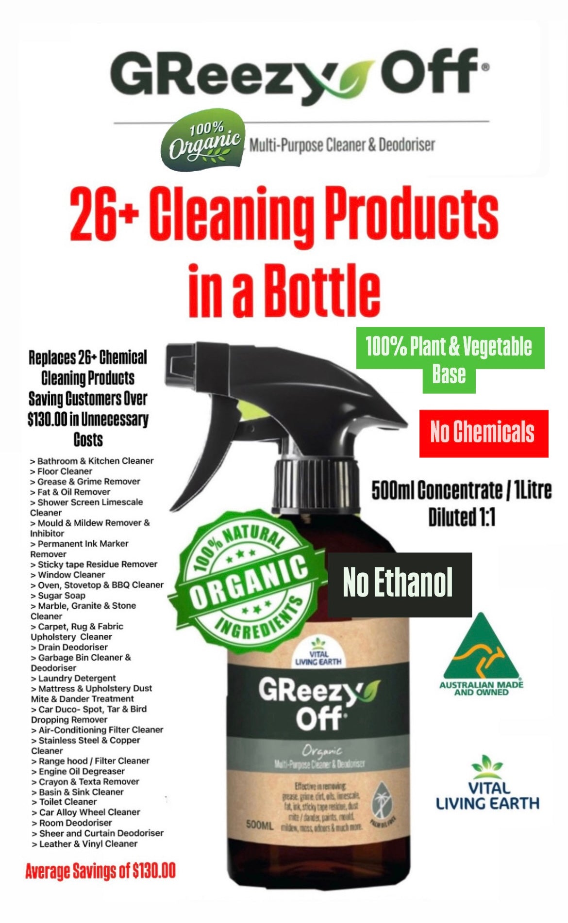 A) (1 x Bottle) GReezy Off® 100% ORGANIC Multi-Purpose Natural Antibacterial Cleaner & Deodoriser 500ml Concentrate / 1 Litre when Diluted 1:1