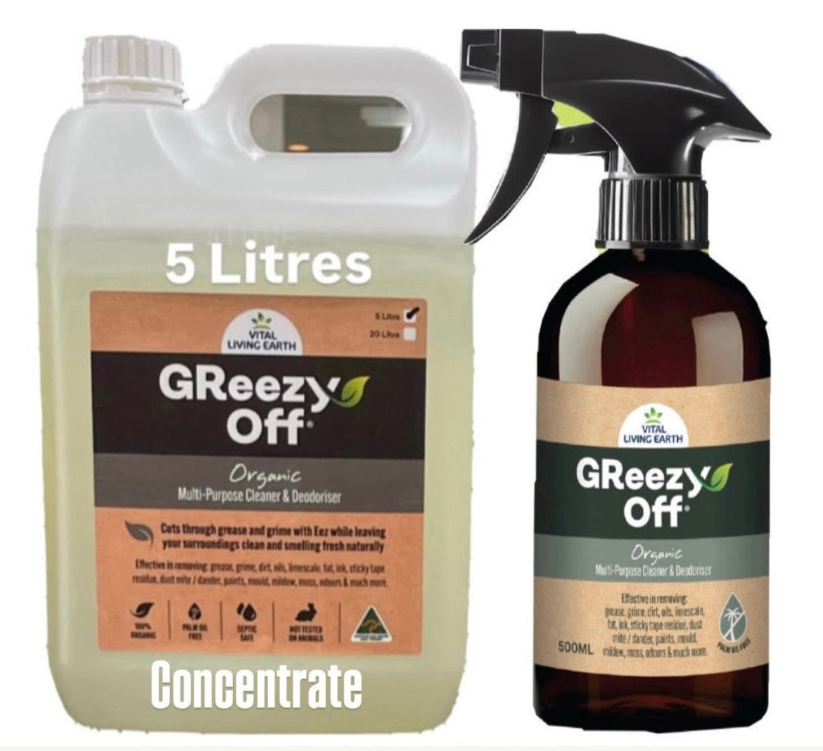 E) FREE DELIVERY AUSTRALIA WIDE GReezy Off® 100% Organic Multi-Purpose Natural Antibacterial Cleaner & Deodoriser (Starter Pack 5Litre & 500ml Trigger Bottle) Concentrate 

 