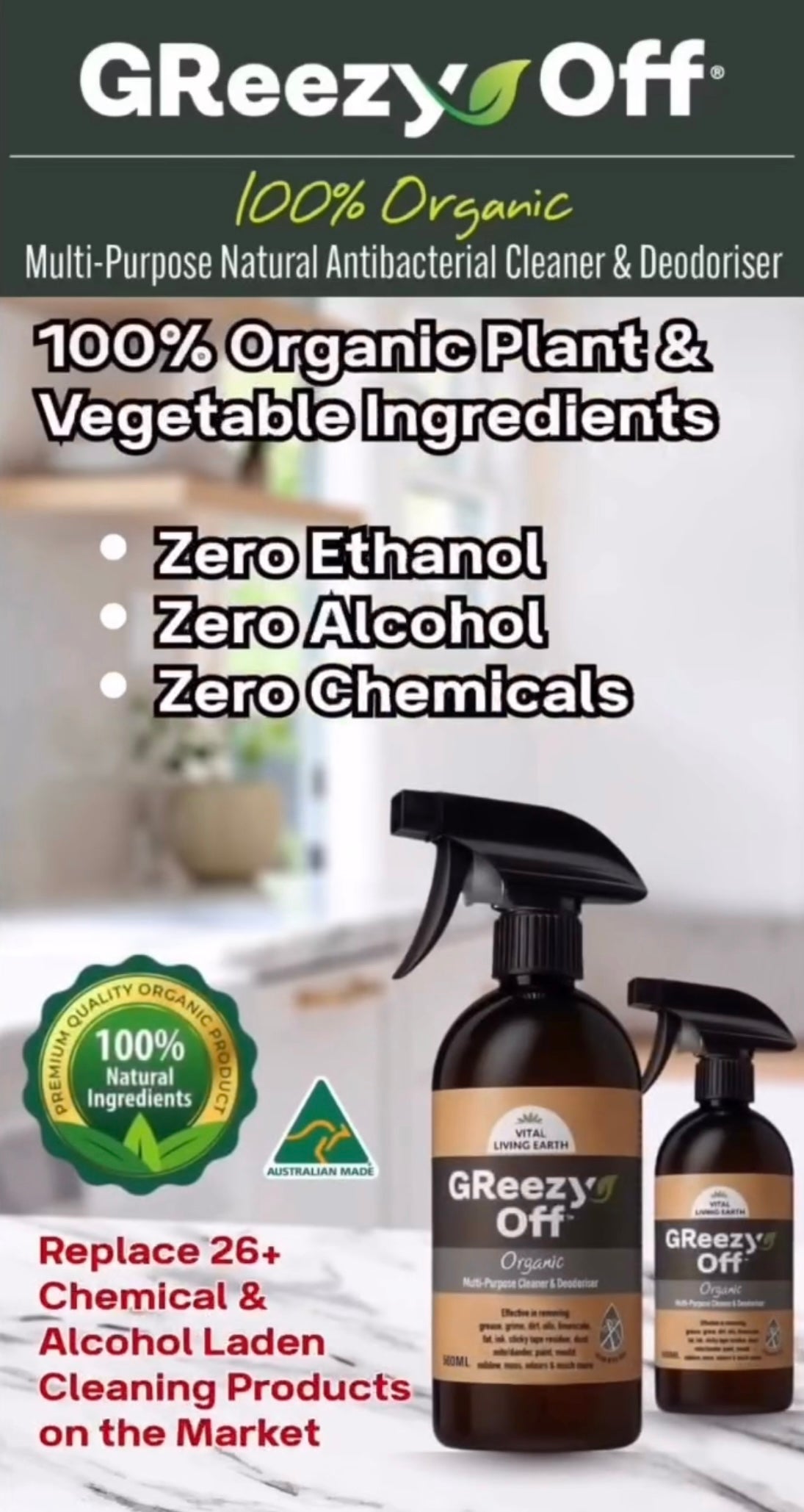B) 2 x 500ml                                      GReezy Off® 100% Organic 🍃🥬🪾 Replaces 26+ Chemical & Alcohol Laden Cleaning Products on the Market                                  Concentrate 1:1                           FREE DELIVERY AUSTRALIA WIDE