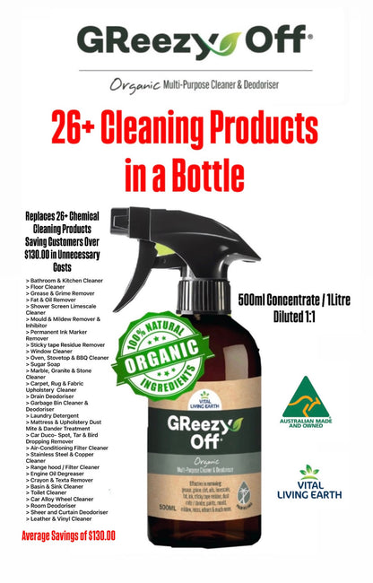 A) (1 x Bottle) GReezy Off® 100% ORGANIC Multi-Purpose Natural Antibacterial Cleaner & Deodoriser 500ml Concentrate / 1 Litre when Diluted 1:1