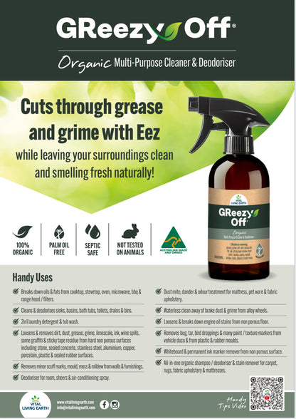 A) (1 x Bottle) GReezy Off® 100% ORGANIC Multi-Purpose Natural Antibacterial Cleaner & Deodoriser 500ml Concentrate / 1 Litre when Diluted 1:1