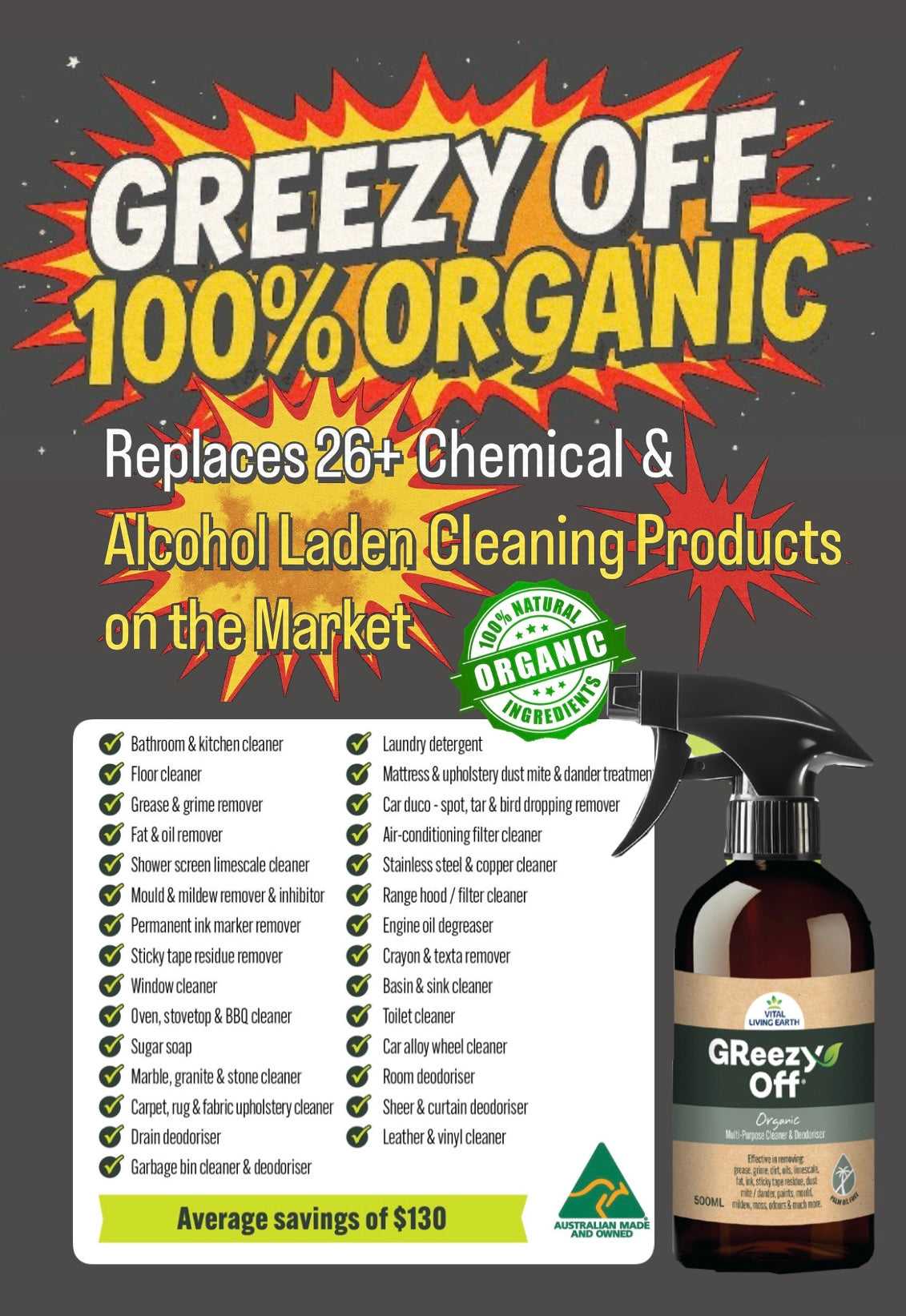 B) 2 x 500ml                                      GReezy Off® 100% Organic 🍃🥬🪾 Replaces 26+ Chemical & Alcohol Laden Cleaning Products on the Market                                  Concentrate 1:1                           FREE DELIVERY AUSTRALIA WIDE