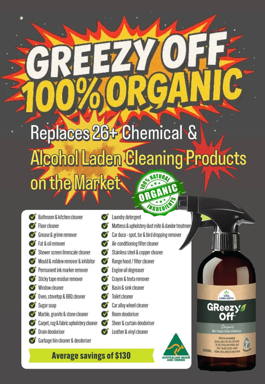 C) 6 x 500ml GReezy Off® 100% Organic 🍃🥬🪾                   Replaces 26+ Chemical & Alcohol Laden Cleaning Products on the Market.                                        Concentrate 1:1 FREE DELIVERY AUSTRALIA WIDE