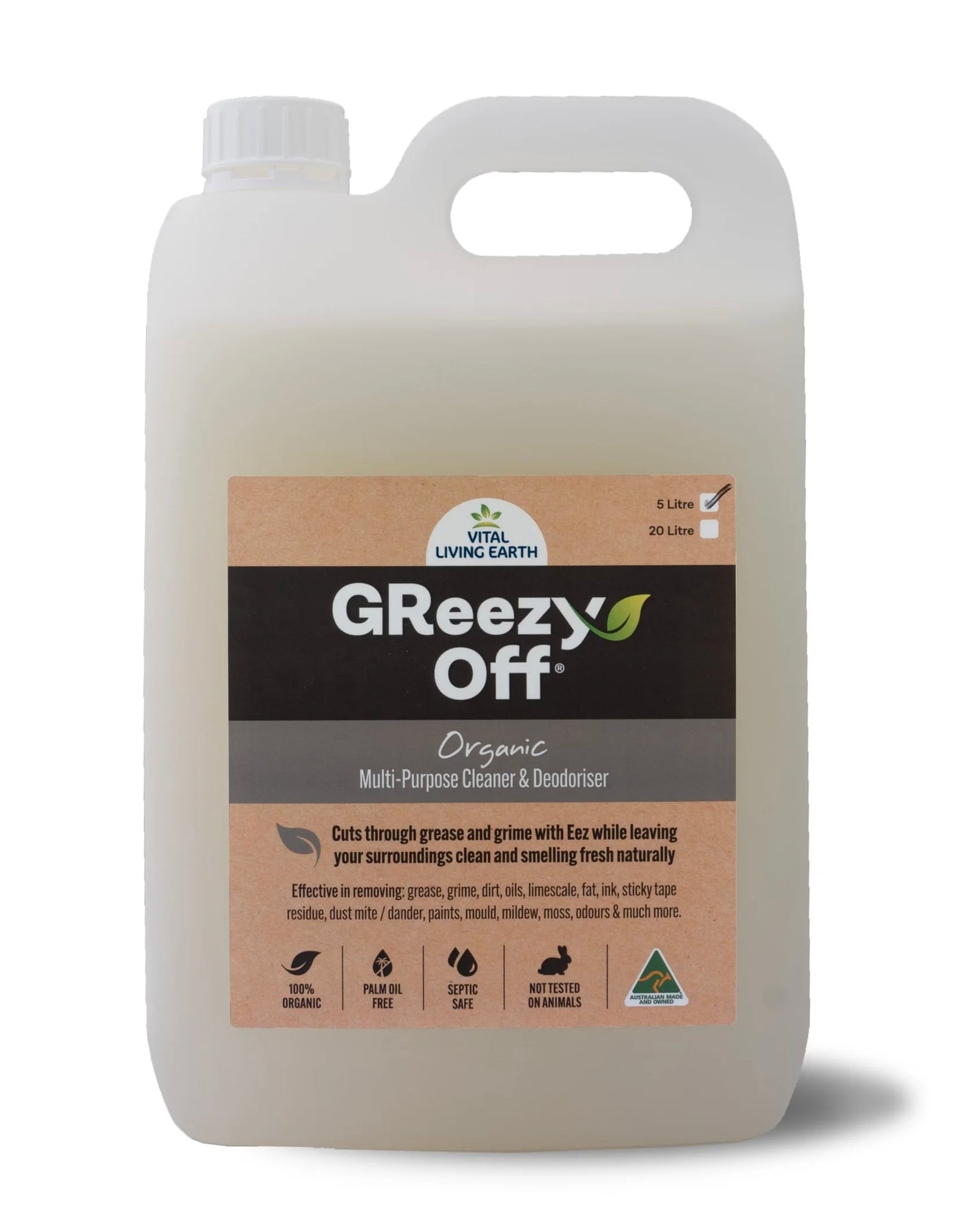 E) 5 Litre GReezy Off® 100% Organic Replaces 26+ Chemical & Alcohol Laden Cleaning Products on the Market.Concentrate makes 10 Litres 1:1  FREE DELIVERY AUSTRALIA WIDE
