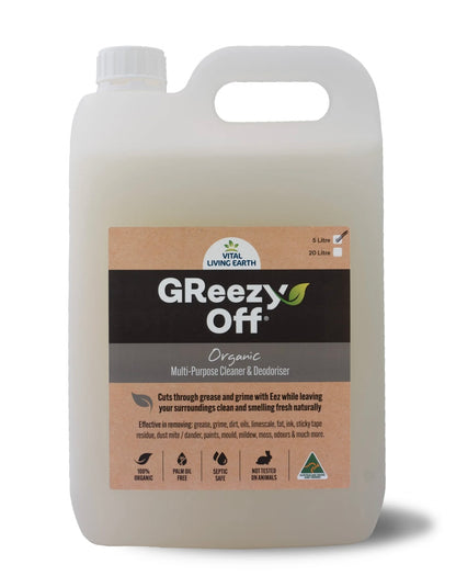 E) 5 Litre GReezy Off® 100% Organic Replaces 26+ Chemical & Alcohol Laden Cleaning Products on the Market.Concentrate makes 10 Litres 1:1  FREE DELIVERY AUSTRALIA WIDE
