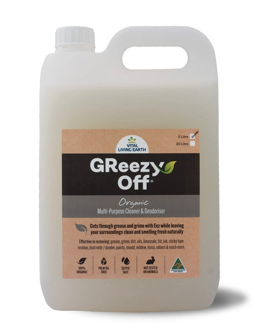 E) 5 Litre GReezy Off® 100% Organic 26+ Cleaning  Products in a Bottle. Concentrate.                   FREE DELIVERY AUSTRALIA WIDE