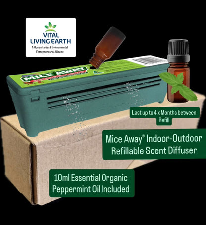 M) (1 x Unit + 1 x 10ml Bottle) PRODUCT AVAILABLE IN SEPTEMBER” Mice Away® DIY Indoor-Outdoor Refillable Scent Diffuser - includes 10ml Organic Essential Peppermint Oil (Mentha Piperita)