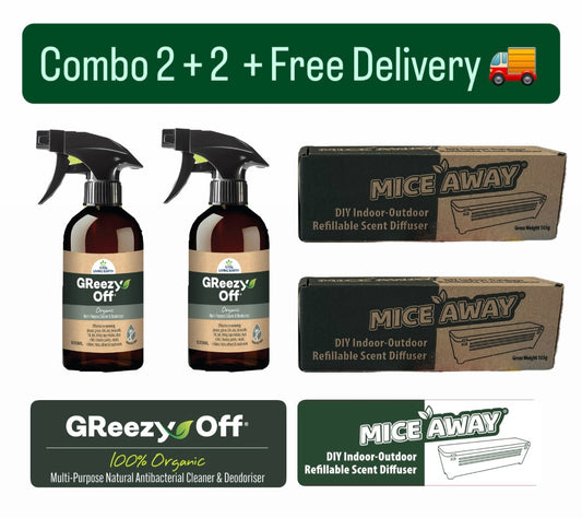 COMBO DEAL                                    2 x GReezy Off® 100% Organic Multi-Purpose Cleaner & Deodoriser and 2 x Mice Away® DIY Indoor-Outdoor Refillable Scent Diffuser. FREE DELIVERY AUSTRALIA WIDE