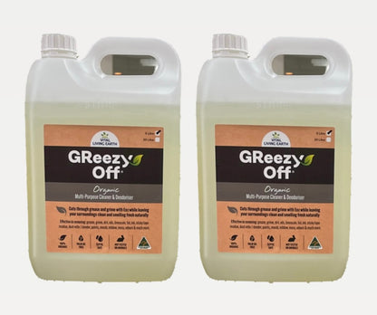 E) PROMO 2 x 5 Litre GReezy Off® 100% Organic🍃🥬🪾                                 Replaces 26+ Chemical & Alcohol Laden Cleaning Products on the Market. Concentrate. Makes 20 Litres 1:1  FREE DELIVERY AUSTRALIA WIDE