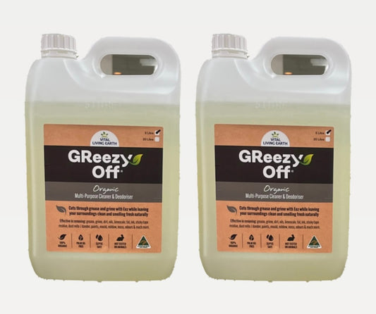 E) PROMO 2 x 5 Litre GReezy Off® 100% Organic🍃🥬🪾                                 Replaces 26+ Chemical & Alcohol Laden Cleaning Products on the Market. Concentrate. Makes 20 Litres 1:1  FREE DELIVERY AUSTRALIA WIDE