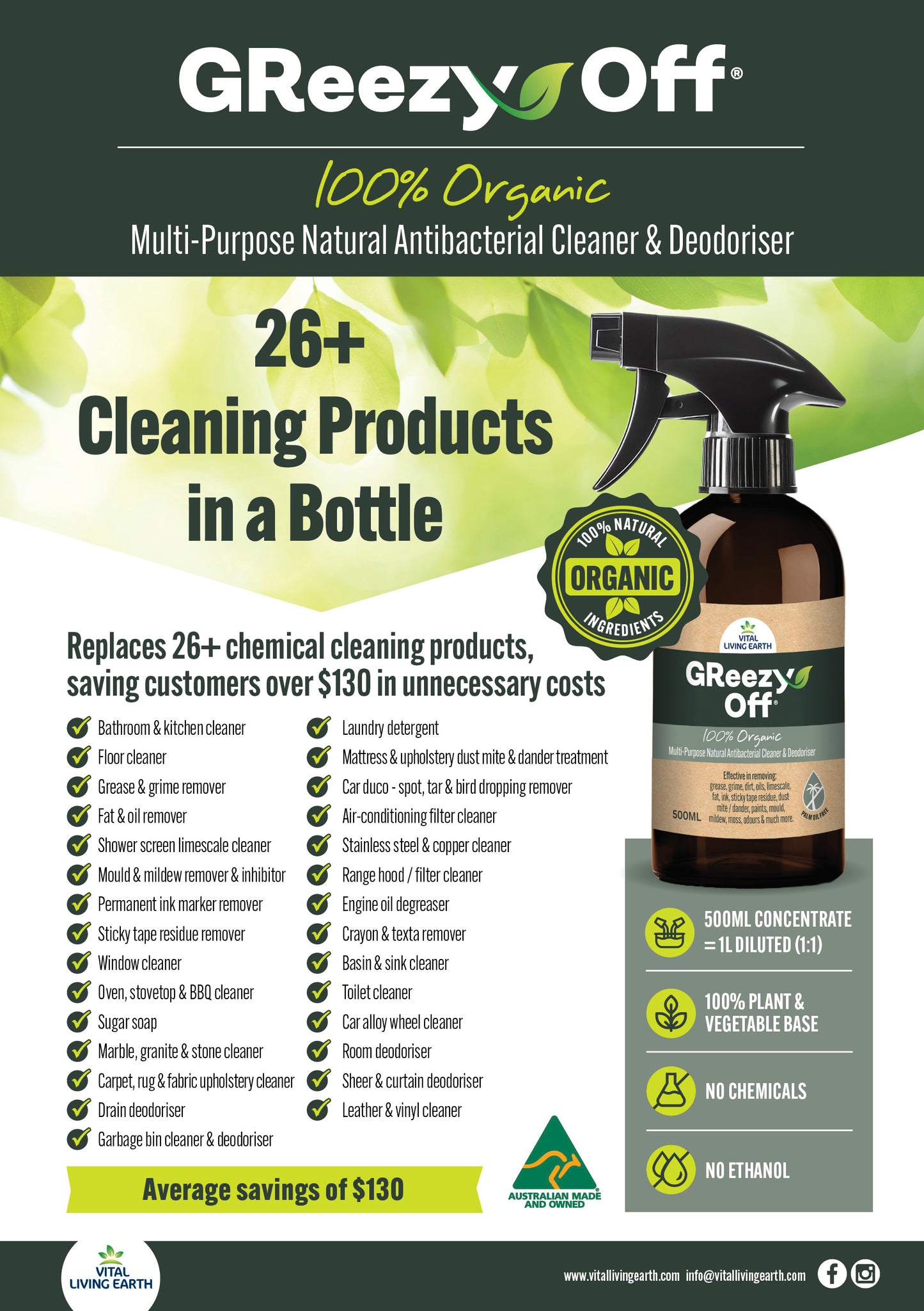 A) (1 x Bottle) GReezy Off® 100% ORGANIC Multi-Purpose Natural Antibacterial Cleaner & Deodoriser 500ml Concentrate / 1 Litre when Diluted 1:1