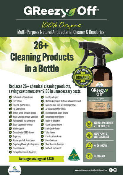 A) (1 x Bottle) GReezy Off® 100% ORGANIC Multi-Purpose Natural Antibacterial Cleaner & Deodoriser 500ml Concentrate / 1 Litre when Diluted 1:1