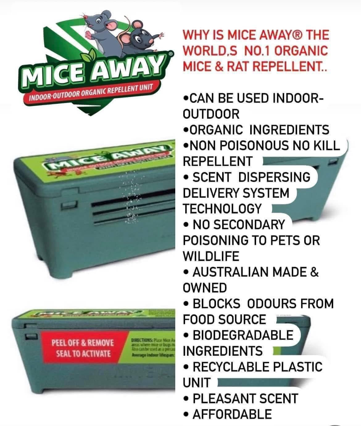 L) 18 Pack Mice Away® 2in1 DIY Refillable Indoor-Outdoor Organic Mice & Rat Repellent & Room Scent Diffuser.                           FREE DELIVERY AUSTRALIA WIDE