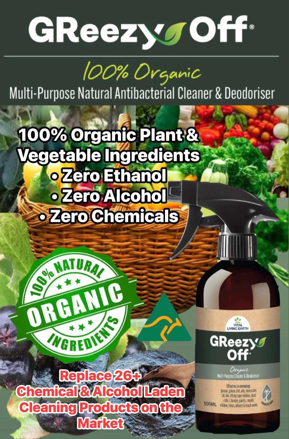 B) 2 x 500ml                                      GReezy Off® 100% Organic 🍃🥬🪾 Replaces 26+ Chemical & Alcohol Laden Cleaning Products on the Market                                  Concentrate 1:1                           FREE DELIVERY AUSTRALIA WIDE