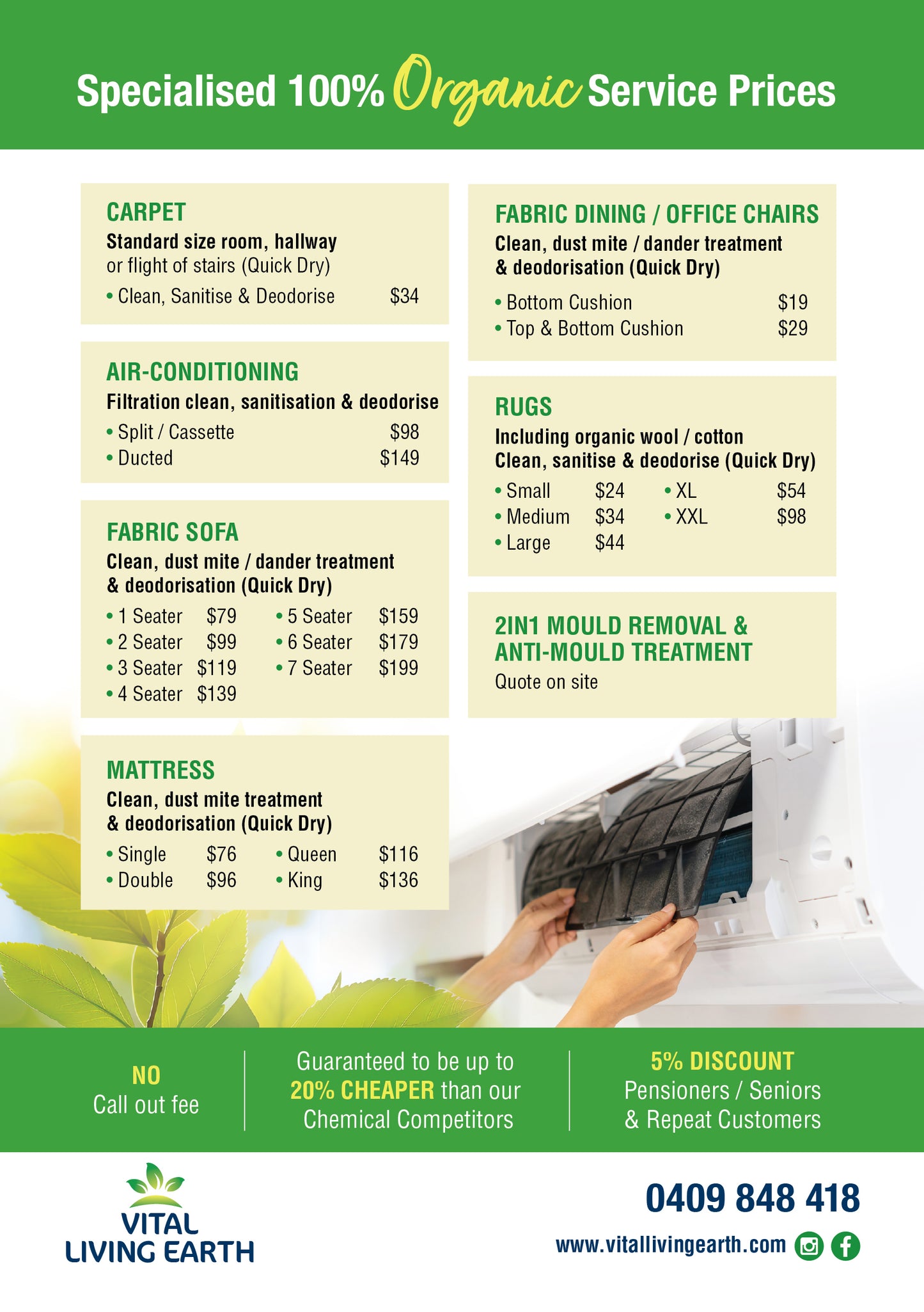 Sunshine Coast’s Exclusive 100% Organic Specialised Cleaning Service Provider.                                   BOOK NOW
Call: 0409 84 84 18                 Email: consultvitallivingearth@gmail.com