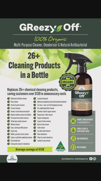 A) (1 x Bottle) GReezy Off® 100% ORGANIC Multi-Purpose Natural Antibacterial Cleaner & Deodoriser 500ml Concentrate / 1 Litre when Diluted 1:1