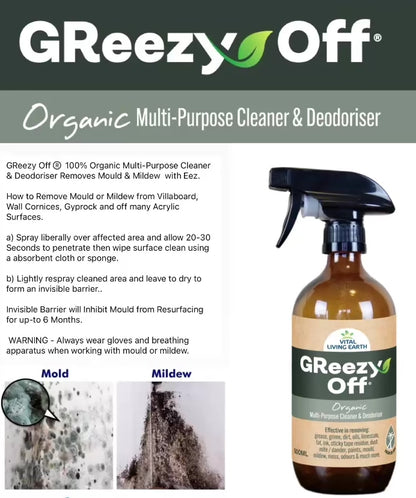 A) (1 x Bottle) GReezy Off® 100% ORGANIC Multi-Purpose Natural Antibacterial Cleaner & Deodoriser 500ml Concentrate / 1 Litre when Diluted 1:1