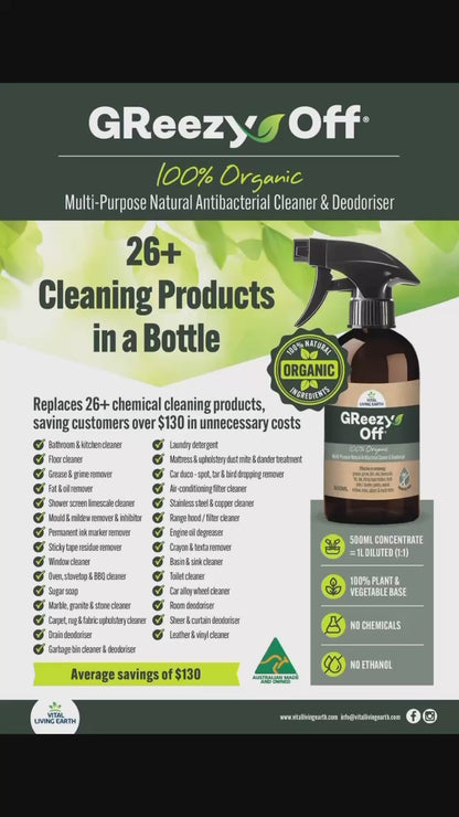 A) (1 x Bottle) GReezy Off® 100% ORGANIC Multi-Purpose Natural Antibacterial Cleaner & Deodoriser 500ml Concentrate / 1 Litre when Diluted 1:1